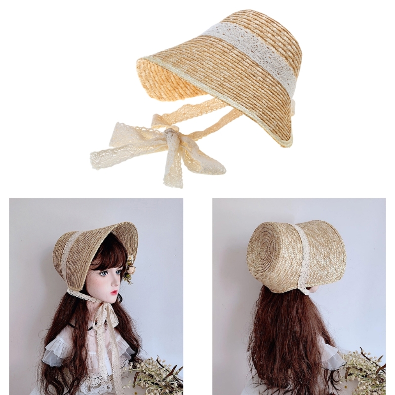 Bucket Hat Straw - 女の子のためのロリタスタイルの麦わら帽子、ヴィンテージの頭飾り、夏のための日よけ帽、お茶会、太陽の写真撮影、ビーチと写真撮影、写真撮影