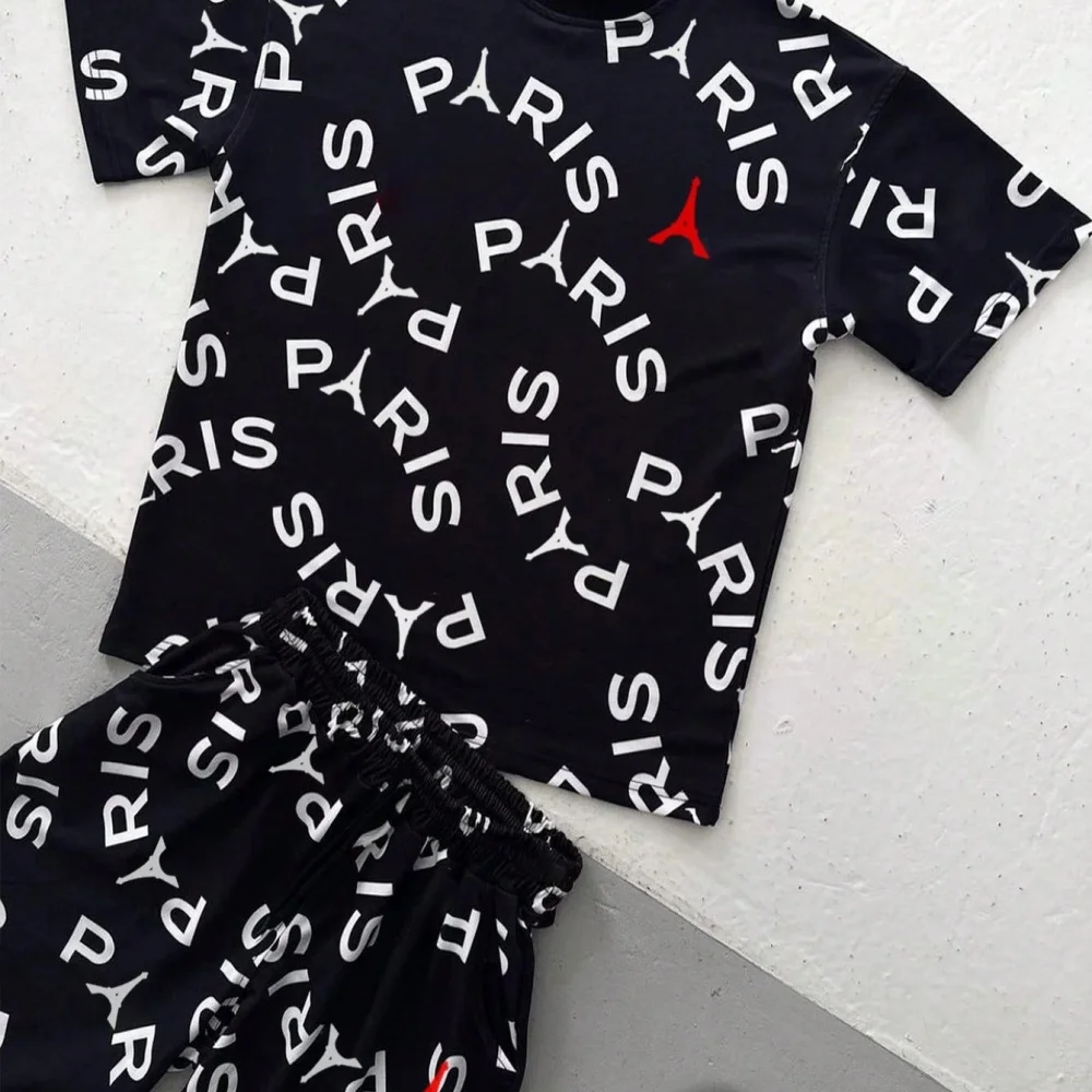 メンズレタープリントラウンドネック半袖Tシャツショーツセット - Tee Graphic Print のレビューと価格